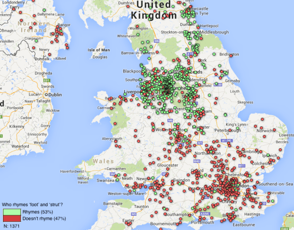 Phonological Variation: Foot - Strut | This map shows which UK speakers rhyme the words 'foot' and 'strut.'